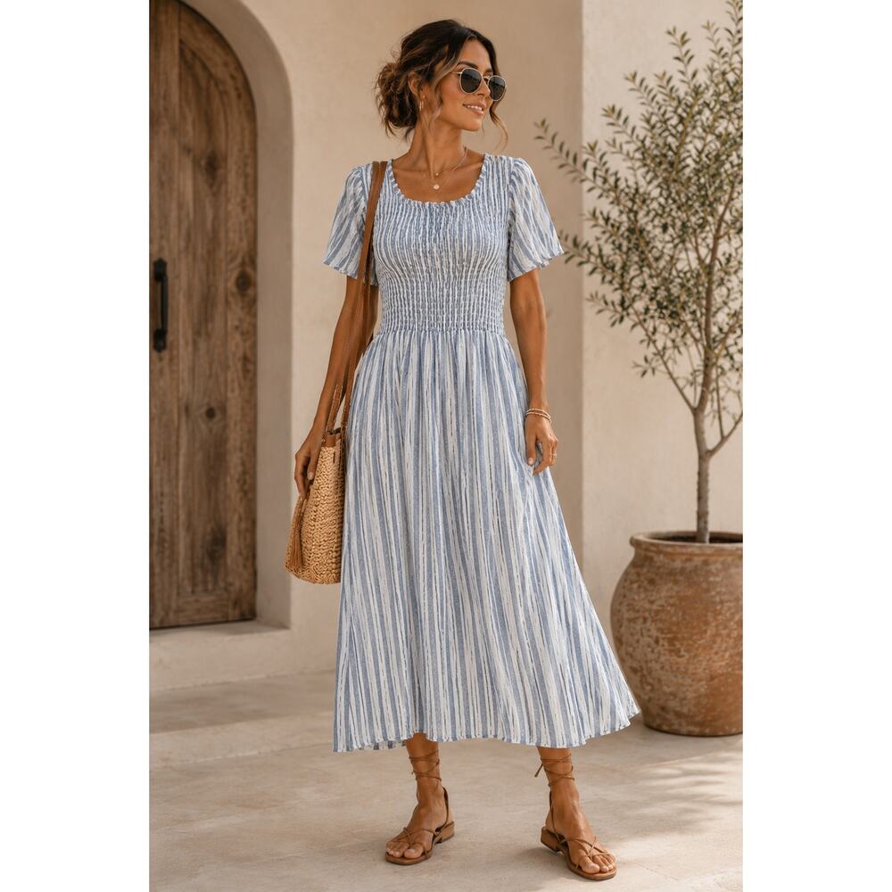 Roolee Smocked Bodice Midi Dress Blue Stripe Cottagecore Summer M